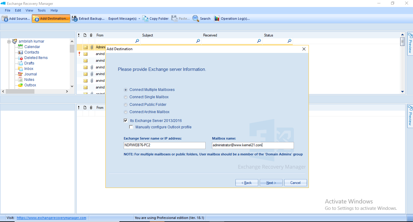 Provide Exchange Server information