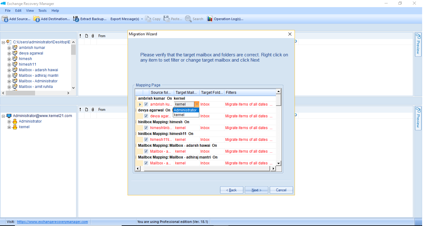 Map the source mailboxes with the target mailboxes